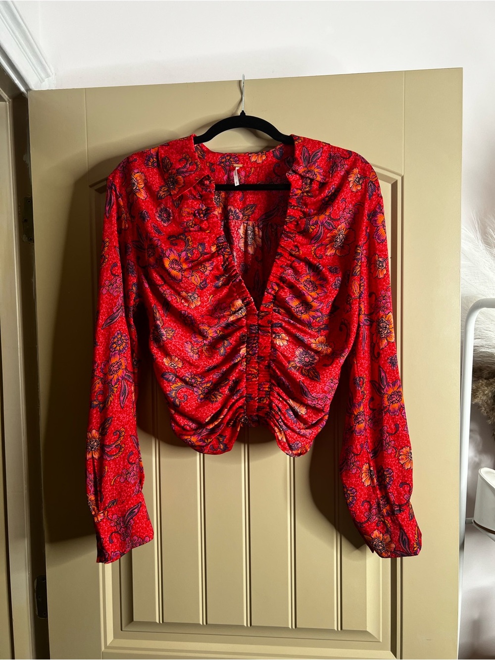 Free People Red Floral Ruched Long-Sleeve Blouse